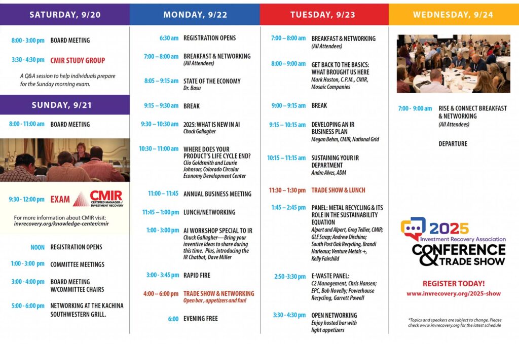 Investment Recovery Association, 2025 Schedule at a glance