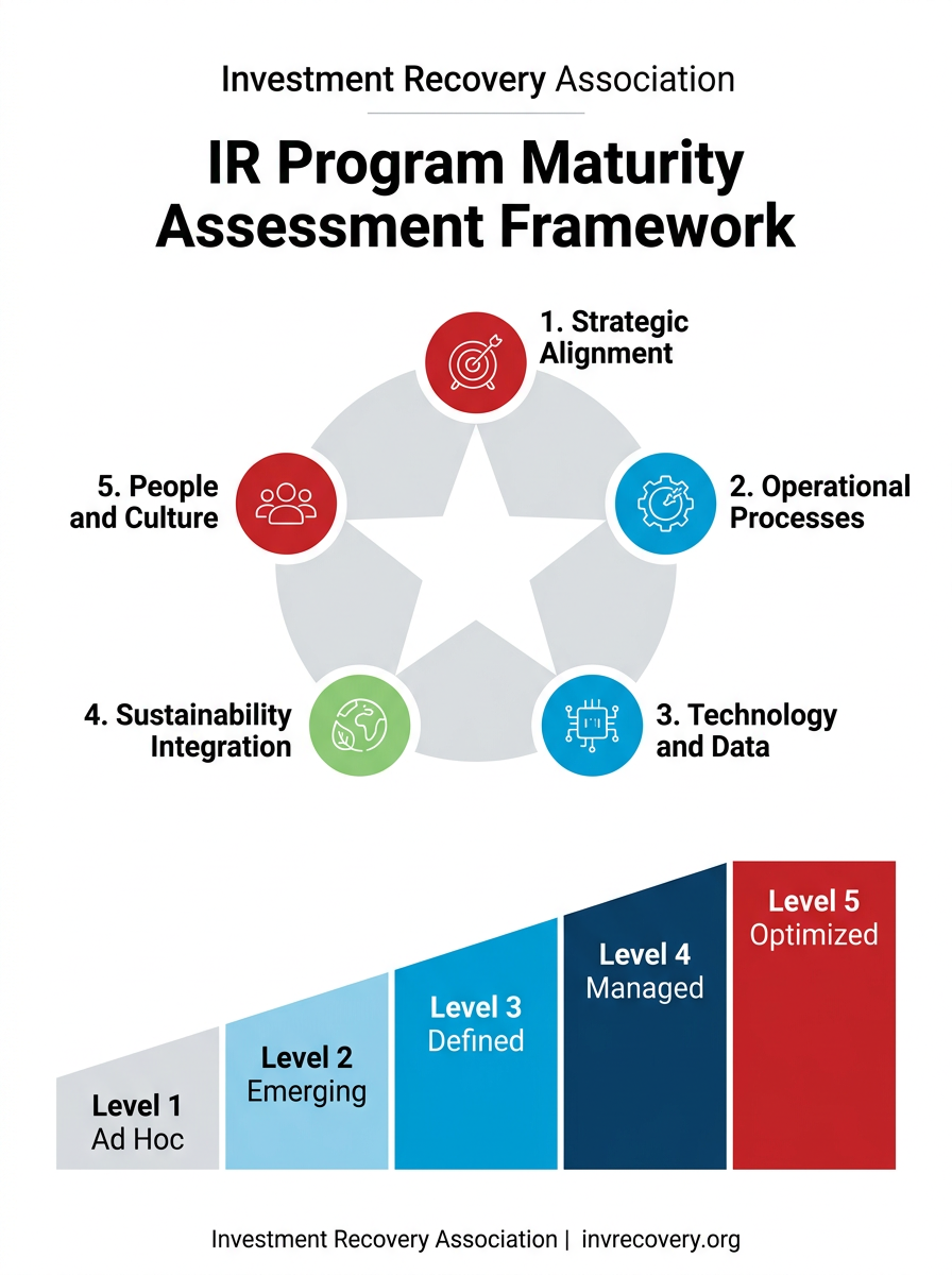 IR Program Maturity Assessment Framework - Five dimensions: Strategic Alignment, Operational Processes, Technology and Data, Sustainability Integration, and People and Culture, each scored from Level 1 Ad Hoc to Level 5 Optimized