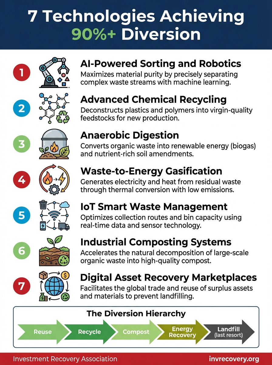 Zero Waste to Landfill - 7 Technologies infographic with diversion hierarchy