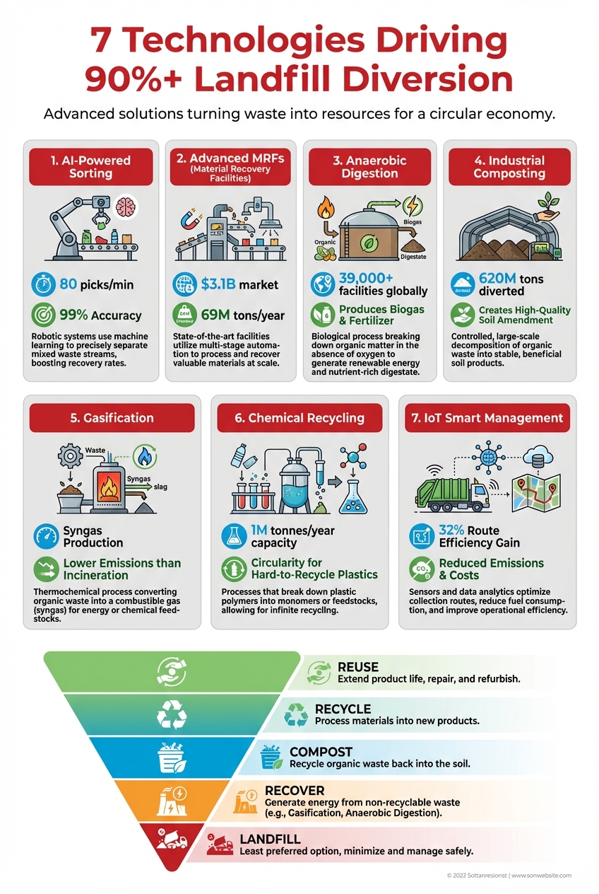 Infographic showing 7 zero waste to landfill technologies with diversion rates, market sizes, and implementation hierarchy for achieving 90%+ landfill diversion