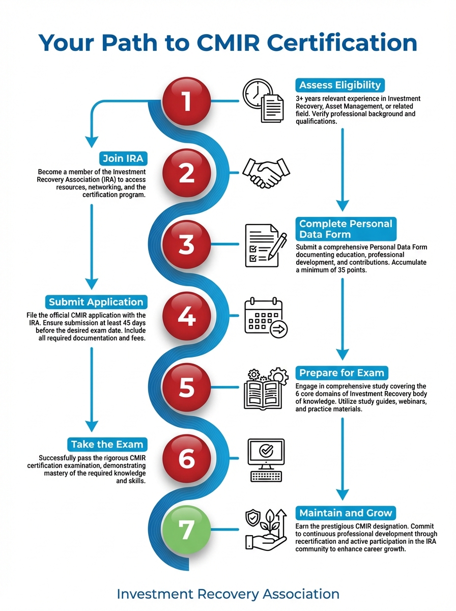 CMIR certification roadmap showing the step-by-step process to earn your Certified Manager of Investment Recovery credential