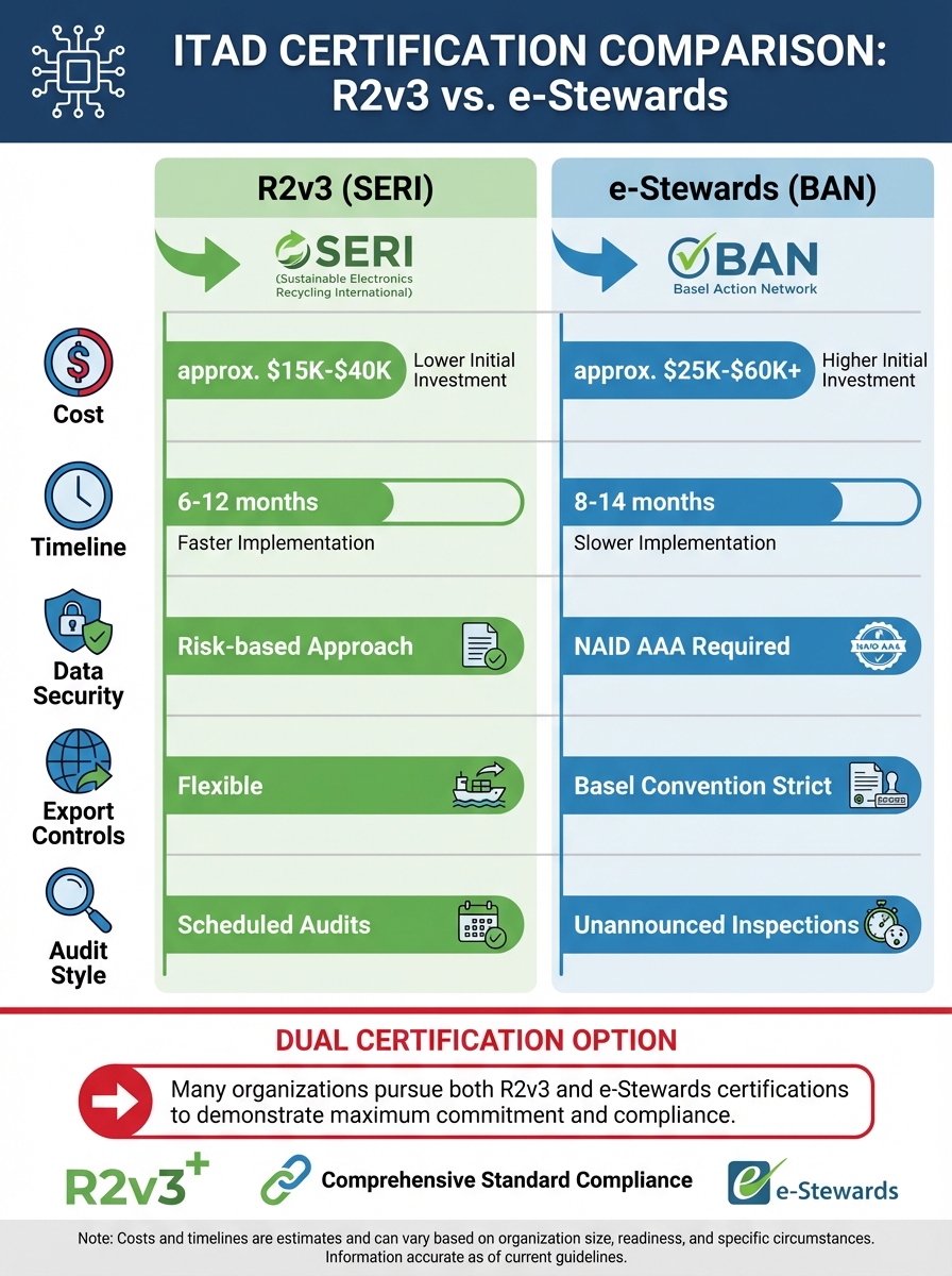 R2 certification vs e-Stewards comparison infographic showing key differences in ITAD certification requirements