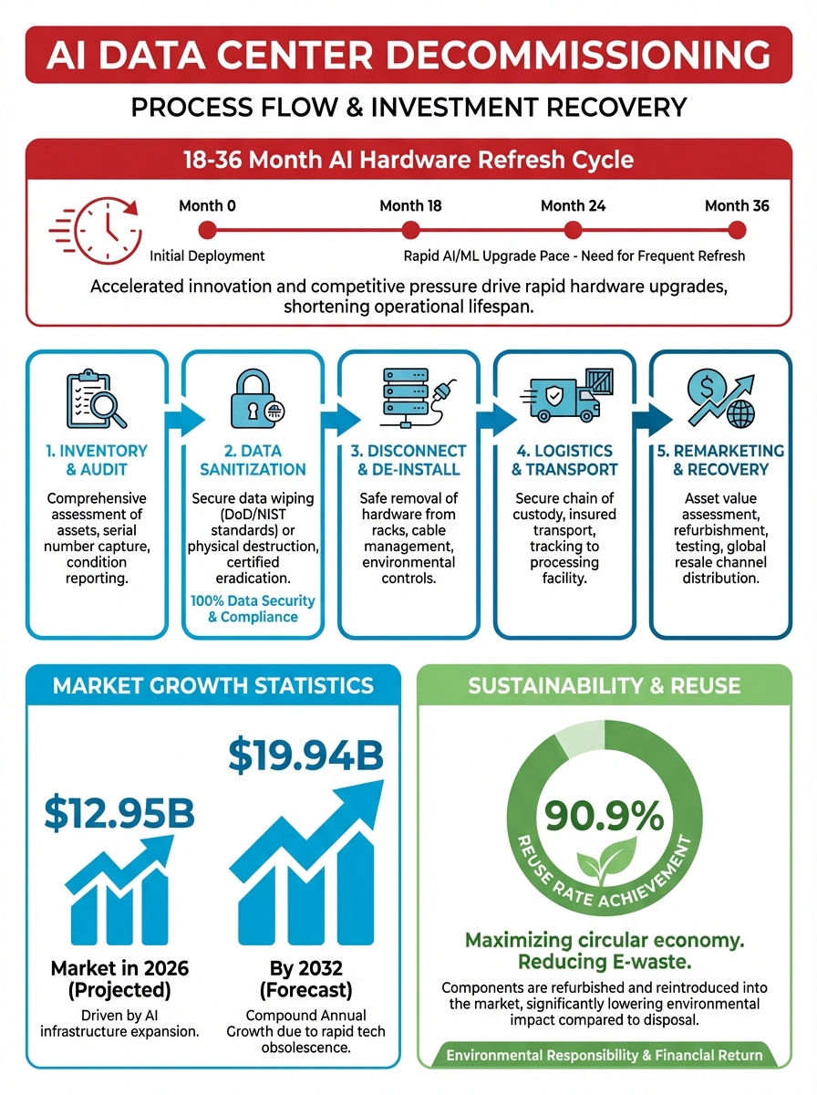 Decommissioning a data center for AI - process steps and investment recovery opportunities infographic