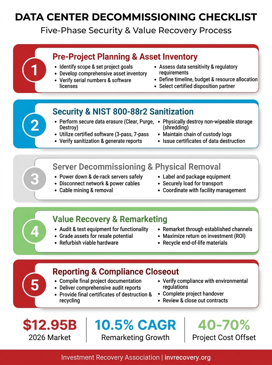 Data center decommissioning checklist infographic showing the five-phase process from planning to closeout