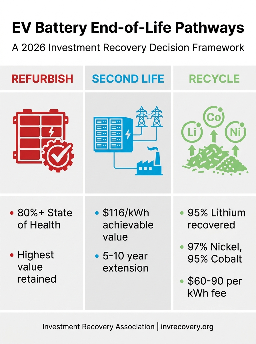 Infographic comparing the three end-of-life pathways for EV and industrial batteries: refurbishment, second-life energy storage, and material recycling, with recovery rates, value ranges, and decision criteria for investment recovery teams