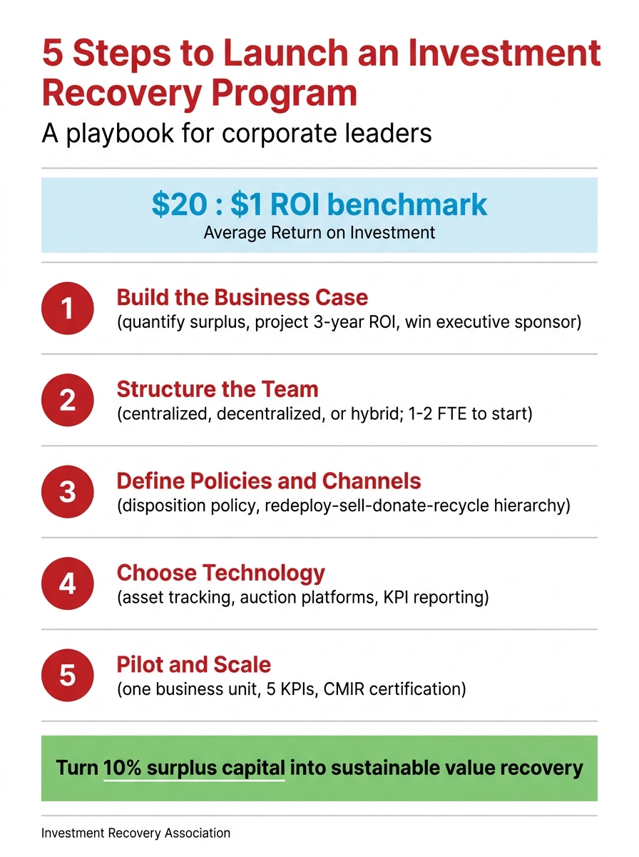 Investment recovery program 5-step launch playbook infographic showing business case, team structure, policy, technology, and pilot phases