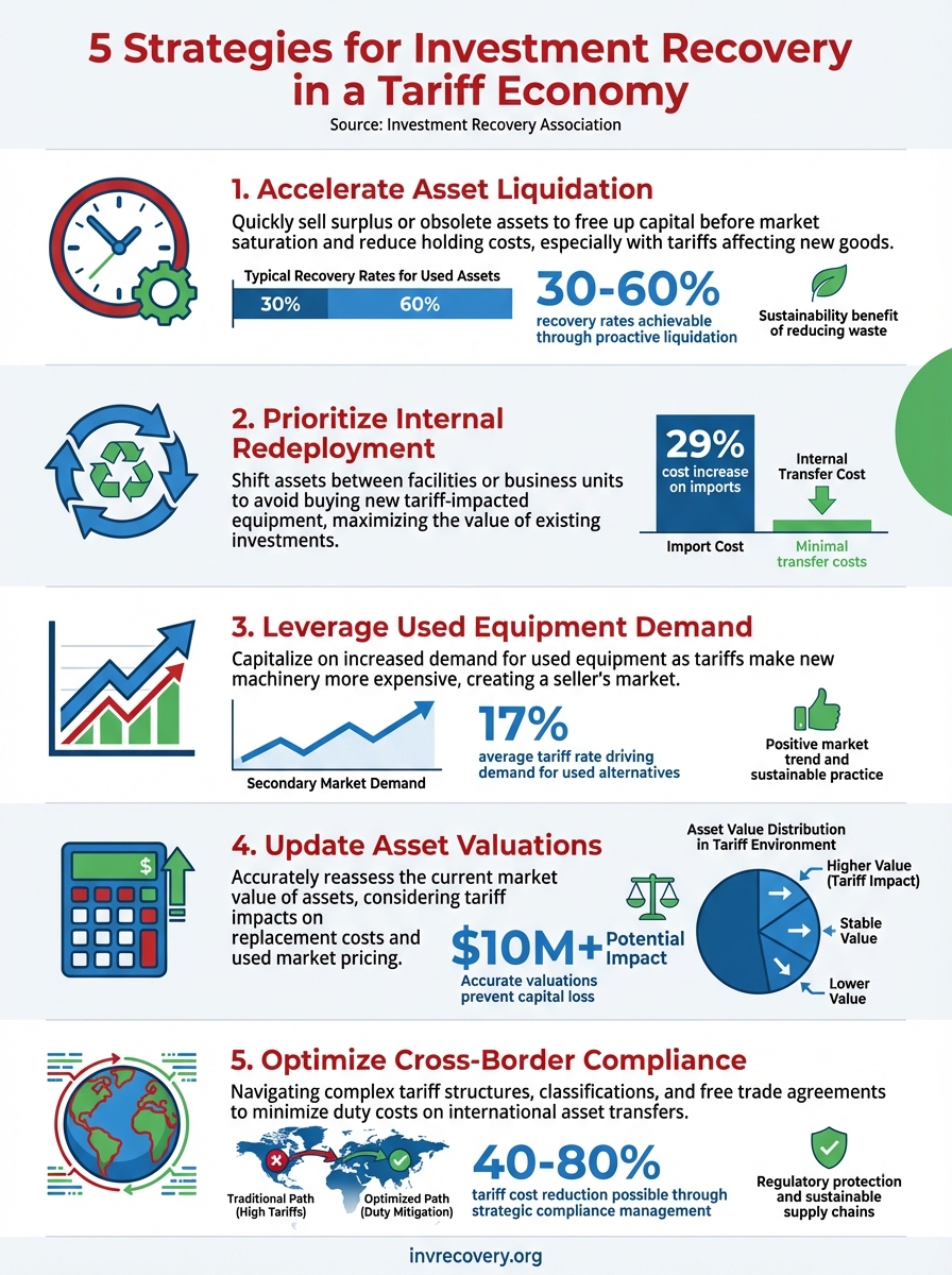 Infographic showing tariff impact on surplus assets and five investment recovery strategies for 2026
