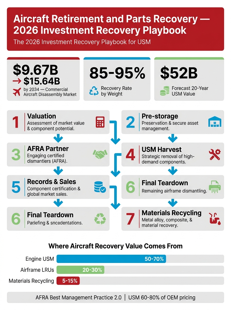 Aircraft recycling and USM investment recovery playbook infographic showing the 7-step retirement workflow, recovery rates by material, and USM market value projections through 2034