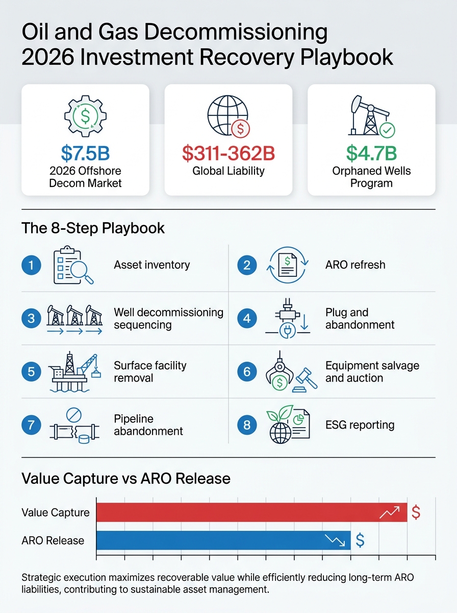 Oil and gas decommissioning 2026 investment recovery playbook infographic showing the 8-step well decommissioning workflow, ARO and salvage value relationship, and the $4.7B Bipartisan Infrastructure Law orphaned wells program