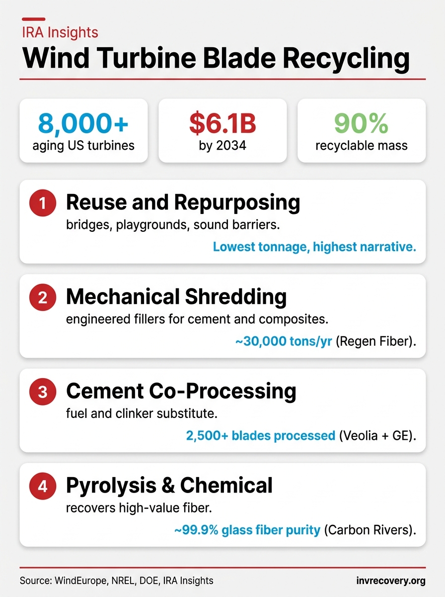 Wind turbine blade recycling pathways infographic comparing reuse, mechanical shredding, cement co-processing, and pyrolysis chemical recycling with capacity, fiber recovery, and ROI signals for investment recovery teams