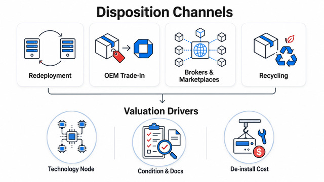 Used semiconductor equipment disposition channels: redeployment, OEM trade-in, brokers and marketplaces, and recycling, with the three valuation drivers of technology node, condition and documentation, and de-installation cost