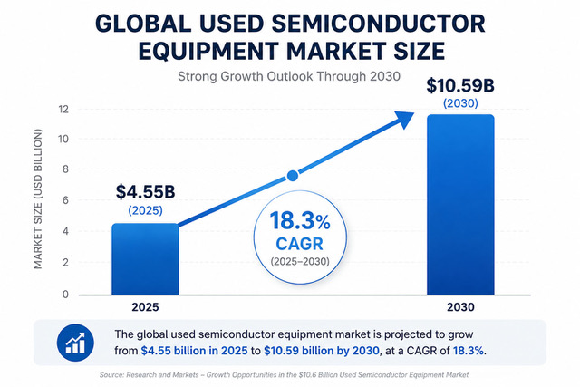 Bar chart of the global used semiconductor equipment market size growing from $4.55 billion in 2025 to $10.59 billion in 2030 at an 18.3% CAGR, source Research and Markets