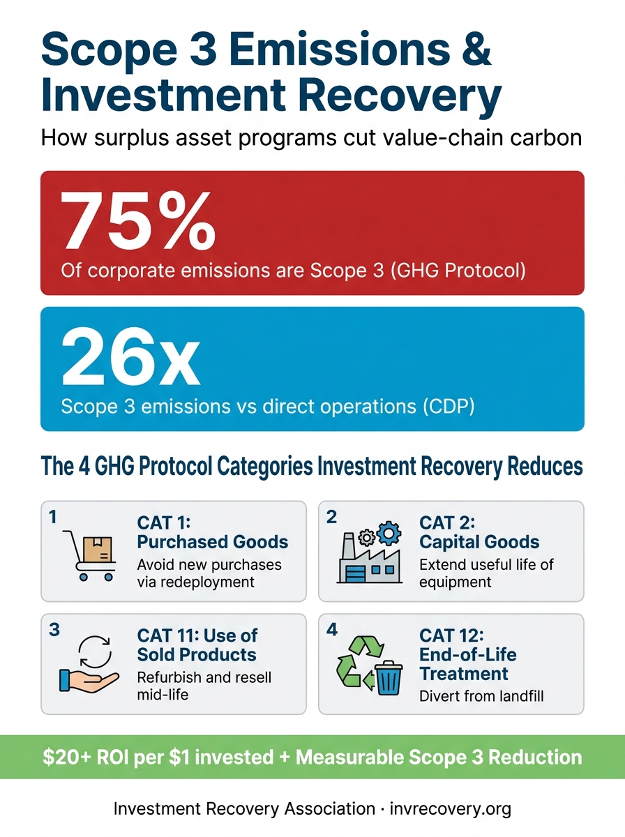 Infographic showing how investment recovery reduces Scope 3 emissions across four GHG Protocol categories with key statistics for the 2026 ESG reporting cycle