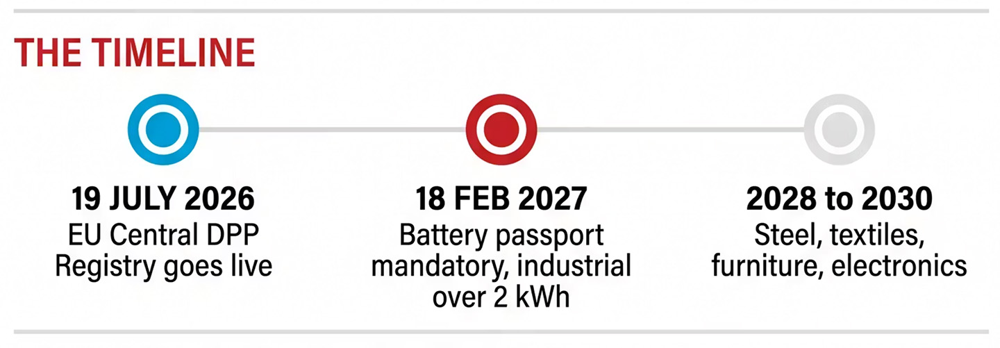 Digital product passport timeline: EU Central DPP Registry live 19 July 2026, battery passport mandatory 18 February 2027, steel textiles furniture electronics 2028 to 2030