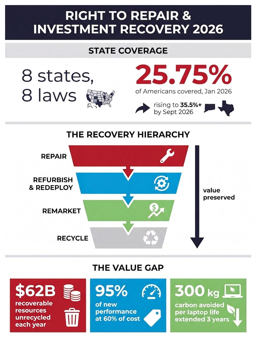 Infographic on right to repair laws and investment recovery in 2026: eight states with enacted electronics right to repair laws covering 25.75 percent of Americans as of January 2026 and rising to at least 35.5 percent by September 2026, the repair-first recovery hierarchy of repair, refurbish and redeploy, remarket, then recycle, the 62 billion dollar e-waste value gap, refurbished gear at 95 percent performance for 60 percent of cost, and 300 kg of carbon avoided per laptop life extended by three years